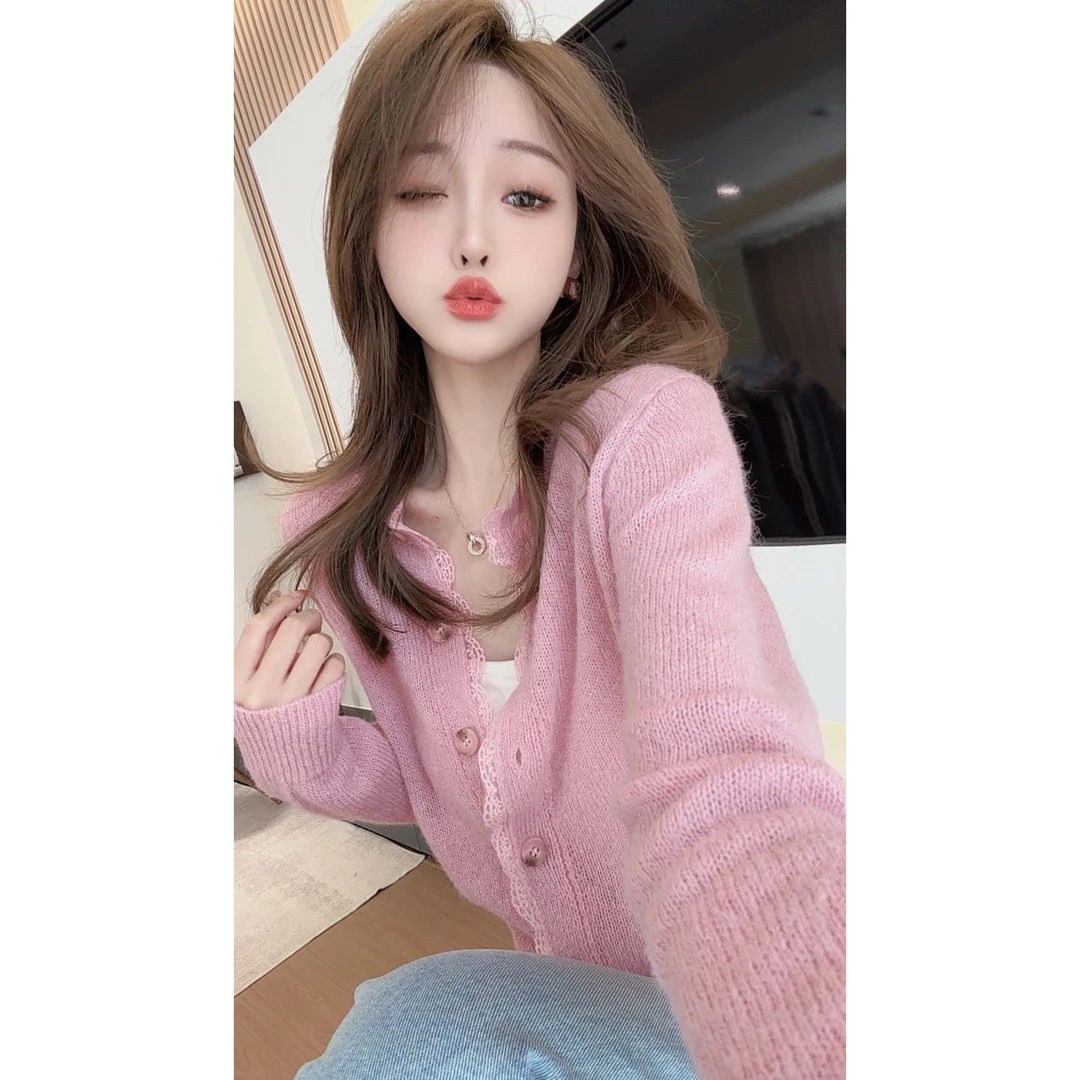【CHEN】欧若风粉色显白女人味蕾丝毛衣时尚设计感针织开衫25021001