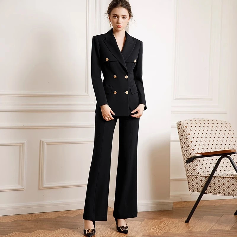 西装袖时尚女神范气质西装秋冬西服休闲正装黑色修身春秋裤子套装