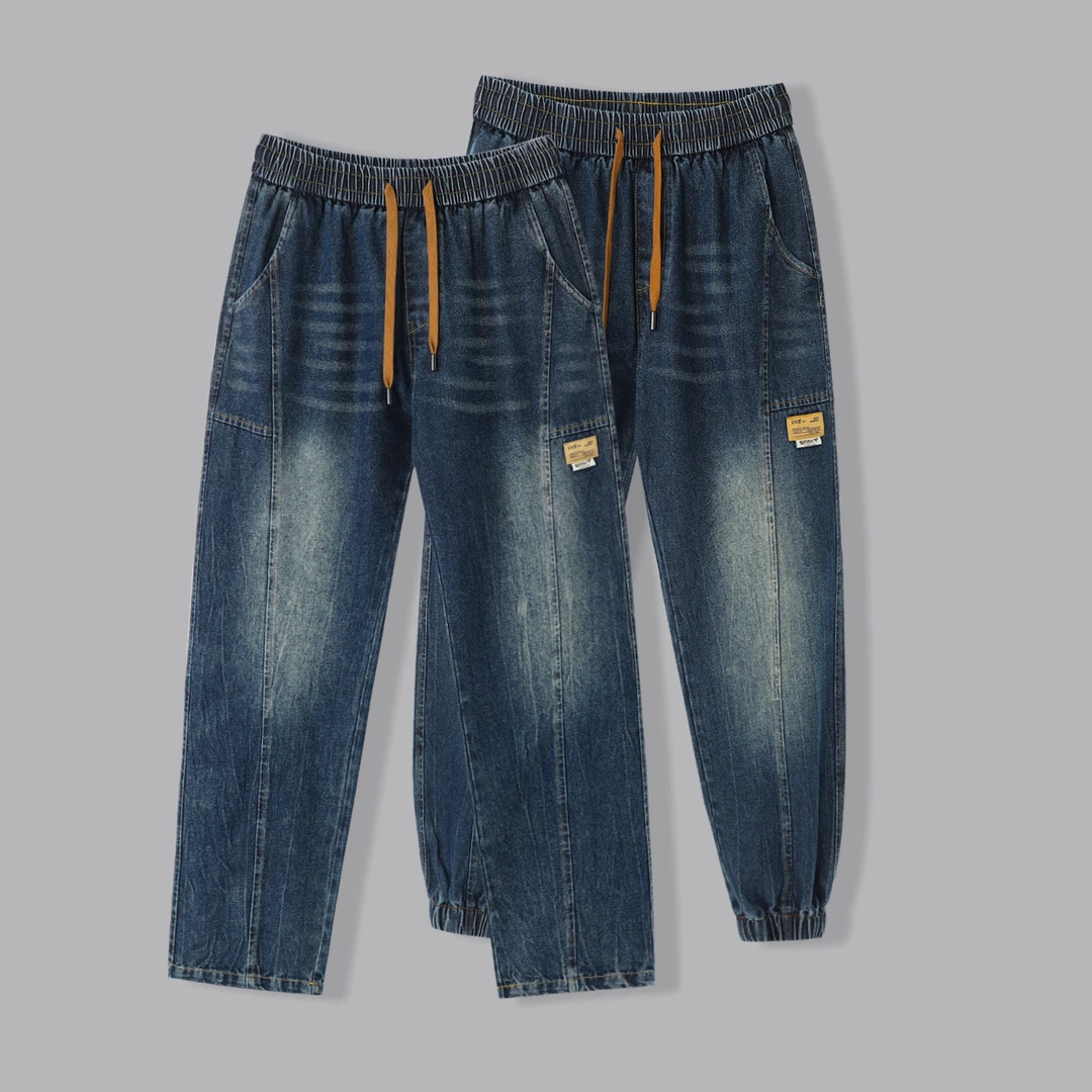 【冰总专属】美式复古水洗立体拼接耐磨百搭休闲宽松哈伦束脚牛仔裤