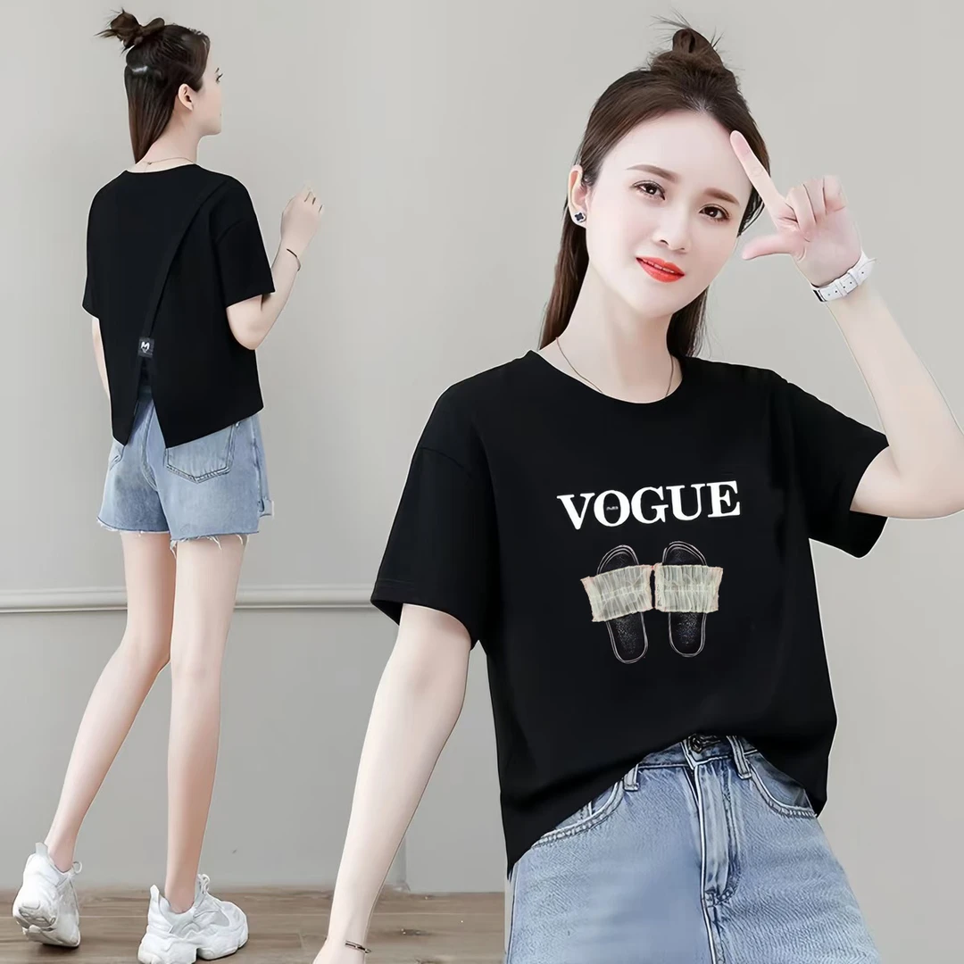 夏季新款时尚圆领后背开叉短袖T恤女百搭设计感洋气显瘦上衣