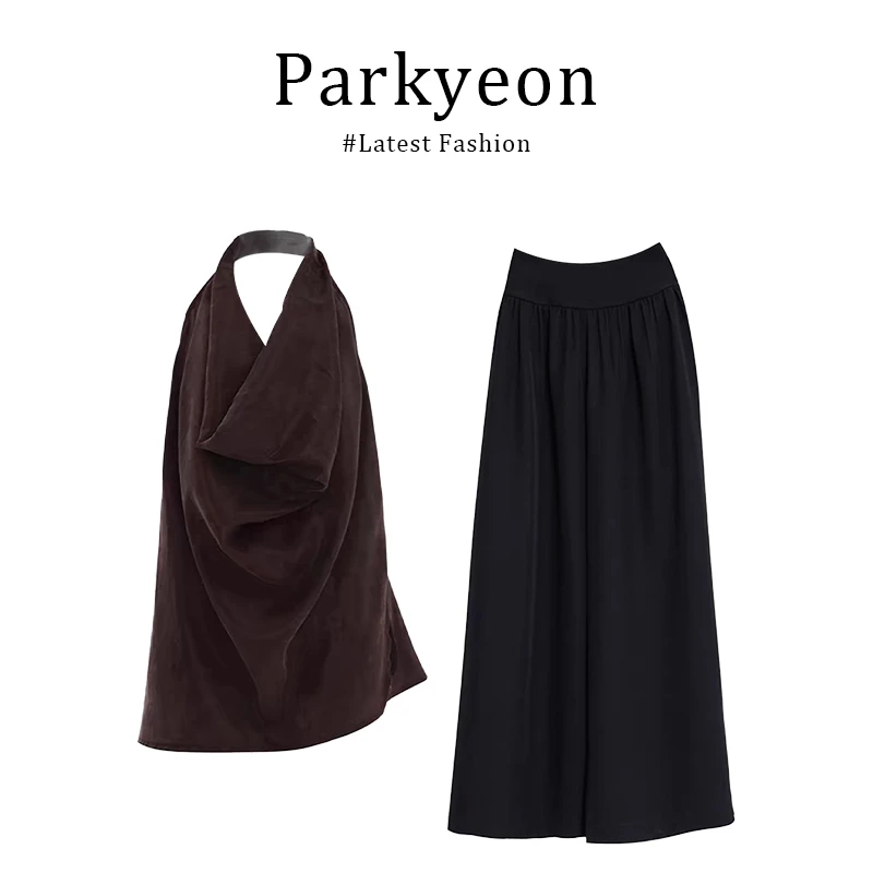 法式气质咖色慵懒松弛感挂脖无袖背心上衣长裤子两件套装女夏季薄