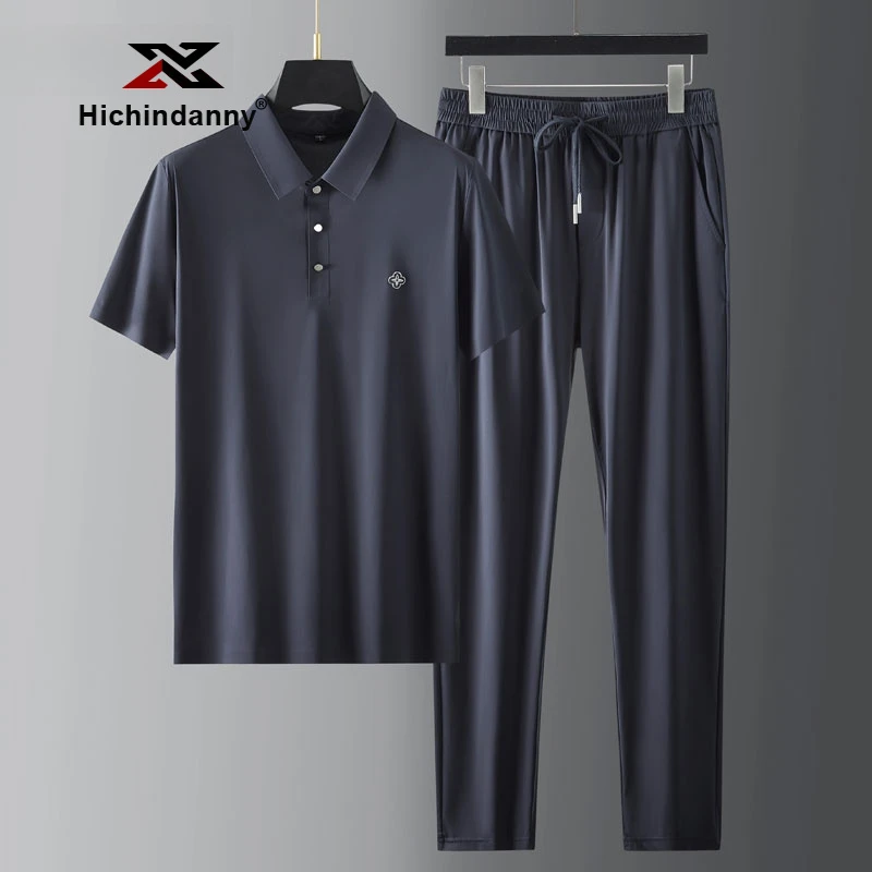 休闲运动套装男士夏季薄款丝滑弹力速干翻领超薄冰丝透气时尚套装