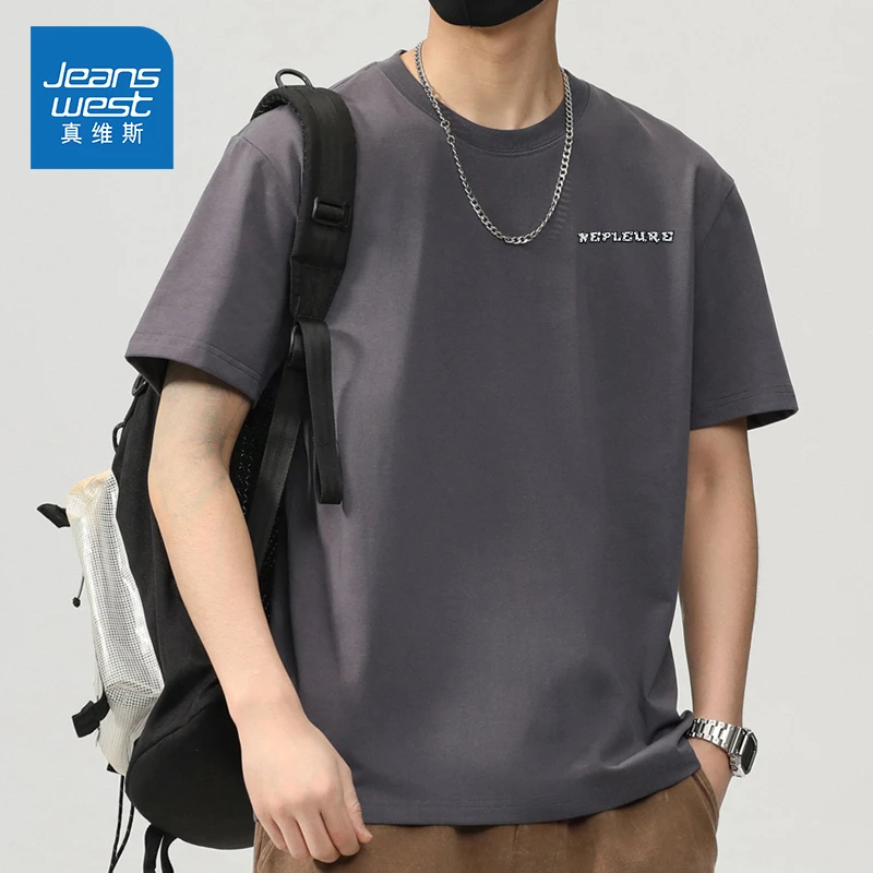 Jeanswest/真维斯男士休闲百搭短袖夏季薄款潮流圆领印花半袖T恤
