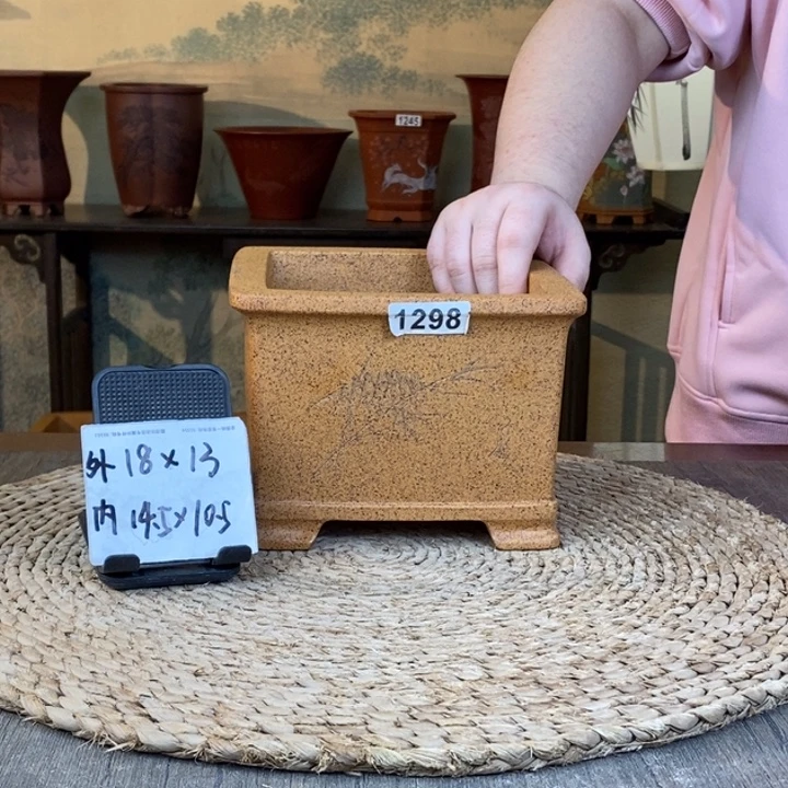 紫砂花盆  柴烧刻绘正方1298