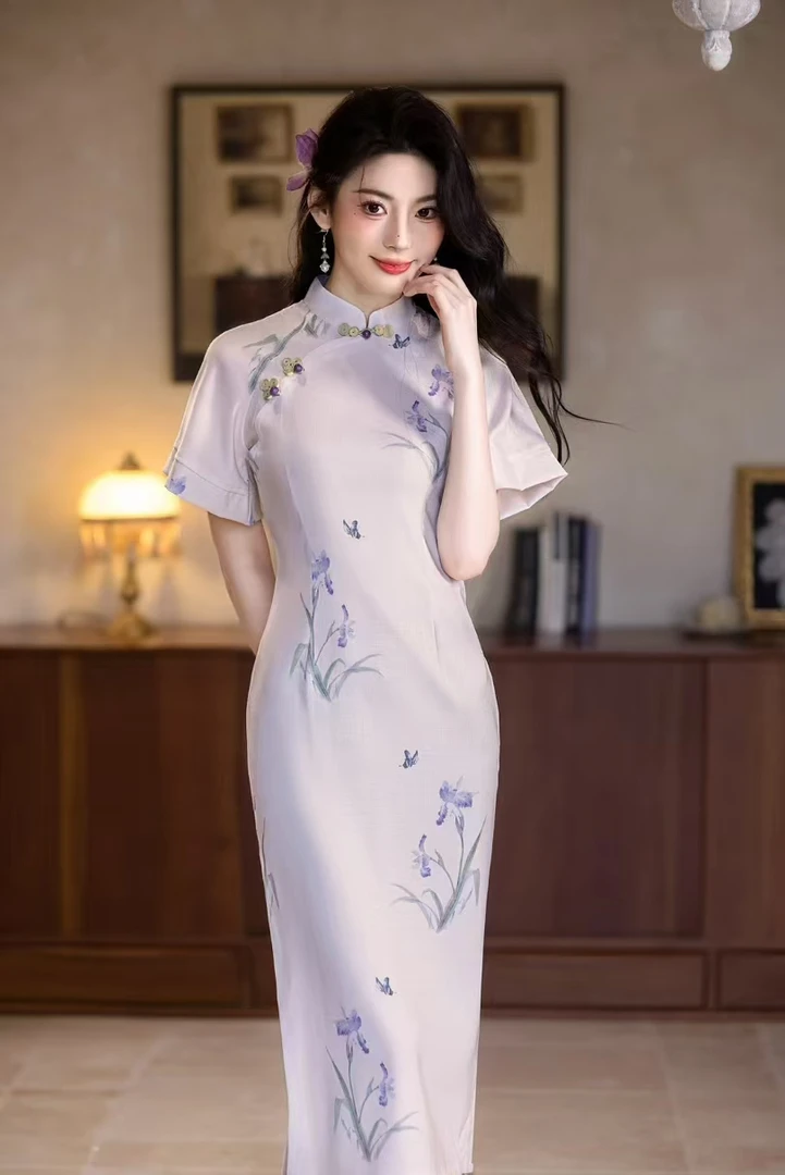 米白色单层丝麻新中式国风旗袍女款爆款2025新款修身显瘦连衣裙