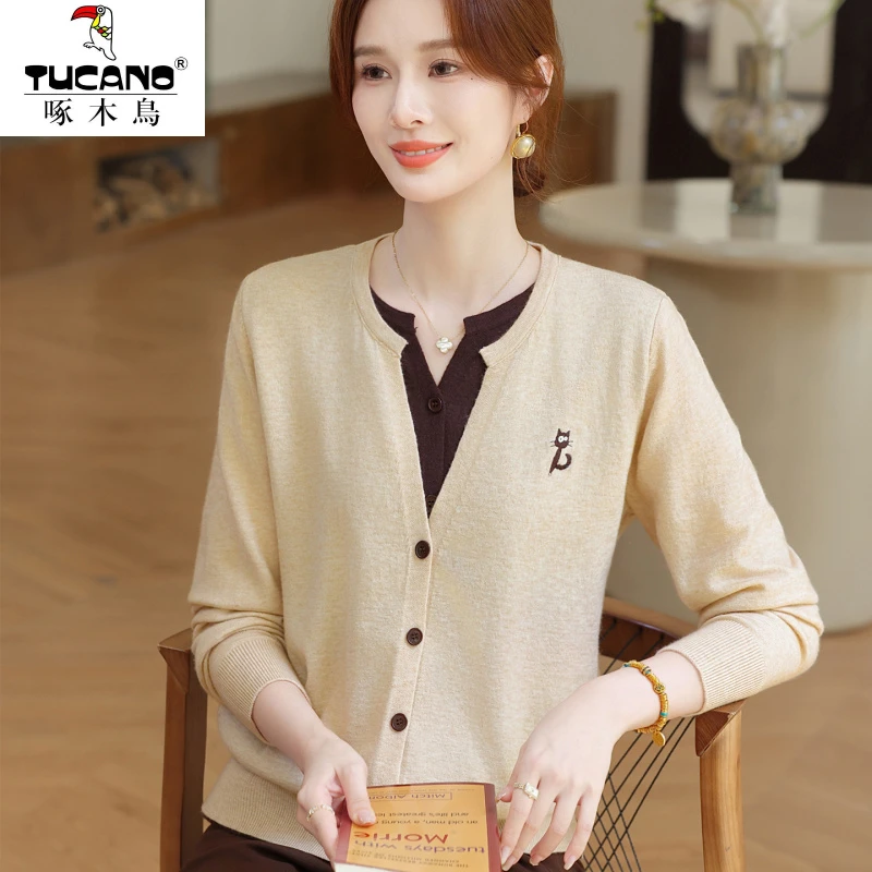 啄木鸟妈妈秋装针织开衫时尚假两件上衣新款中老年女春秋装毛衣外