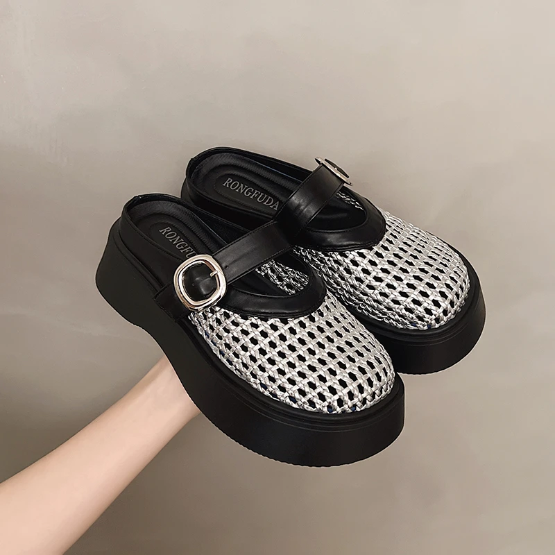 镂空透编织包头半拖鞋女外穿2025春夏季复古厚底百搭一脚蹬凉拖鞋