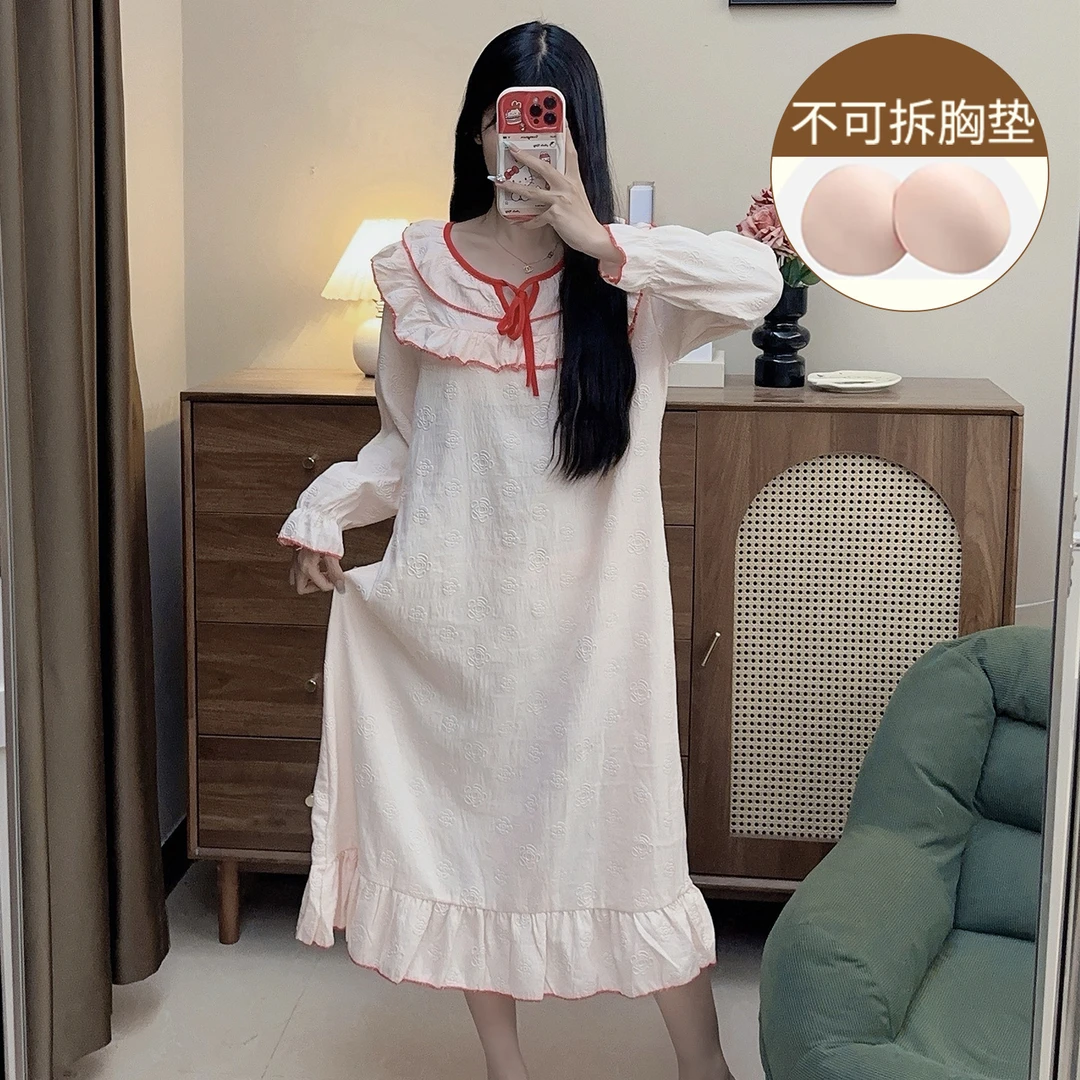 带胸垫睡裙女士春秋季长袖薄款云朵棉睡衣秋天可外穿甜美风家居服