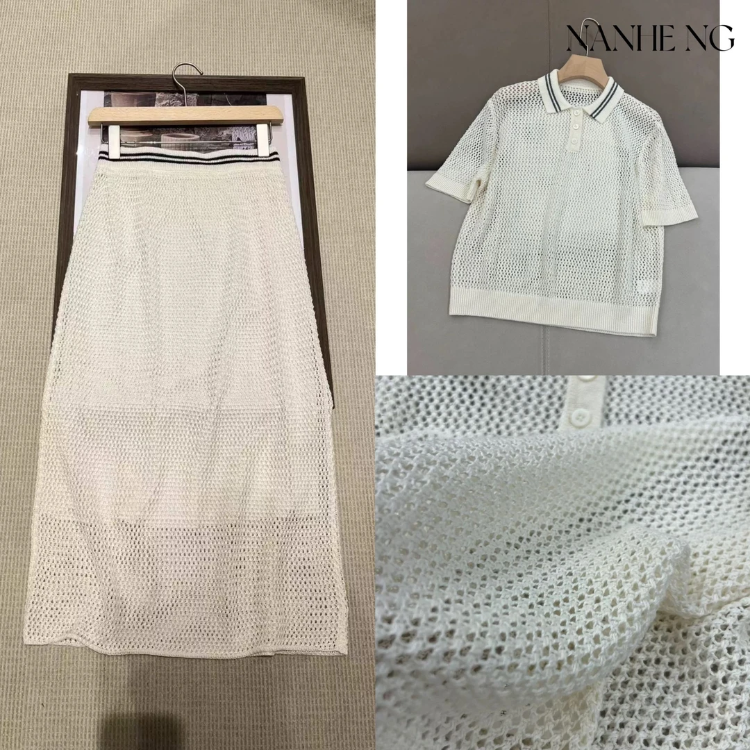 5425网纹亚麻针织polo领短袖针织套裙镂空白色气质夏季编织设计师