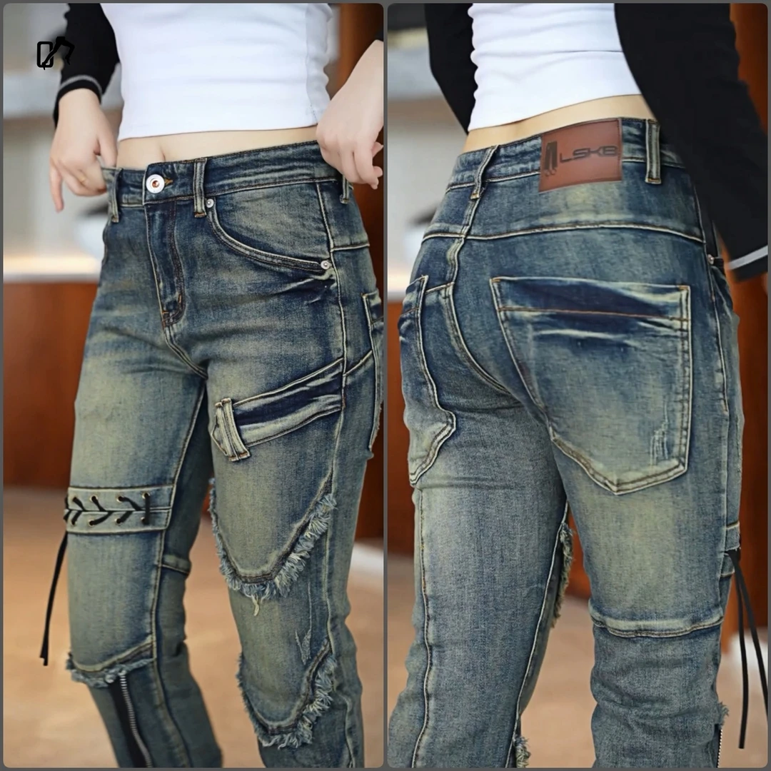 【拼接款】机车裤男士弹力牛仔裤修身潮流百搭复古潮牌小脚牛仔裤男