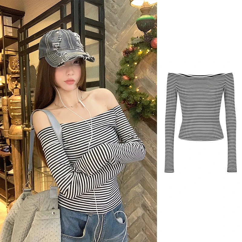 Moses Queen/魔西女王韩系条纹修身长袖T恤性感一字肩露锁骨上衣