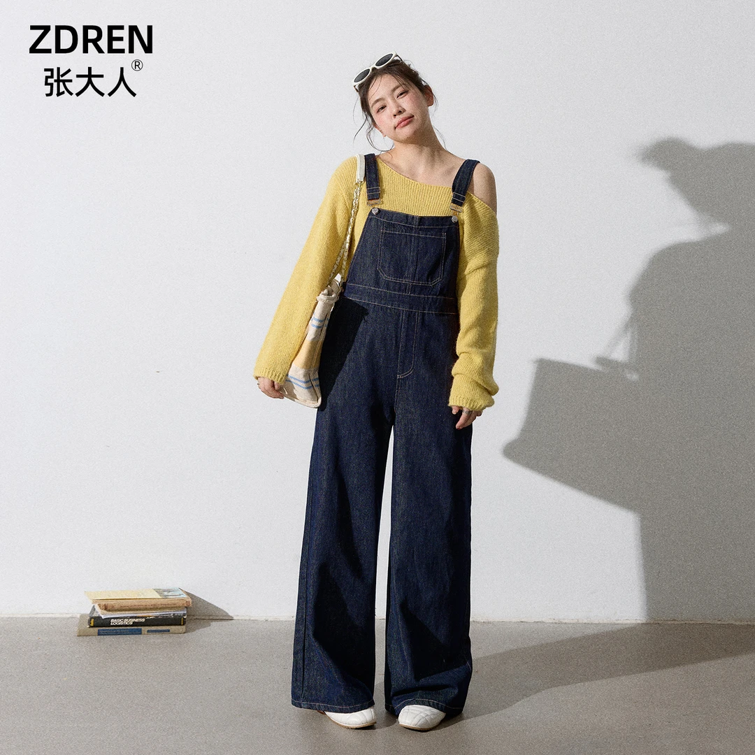 张大人【浪漫假日】大码女装微胖妹妹盐系针织上衣搭复古牛仔背带裤