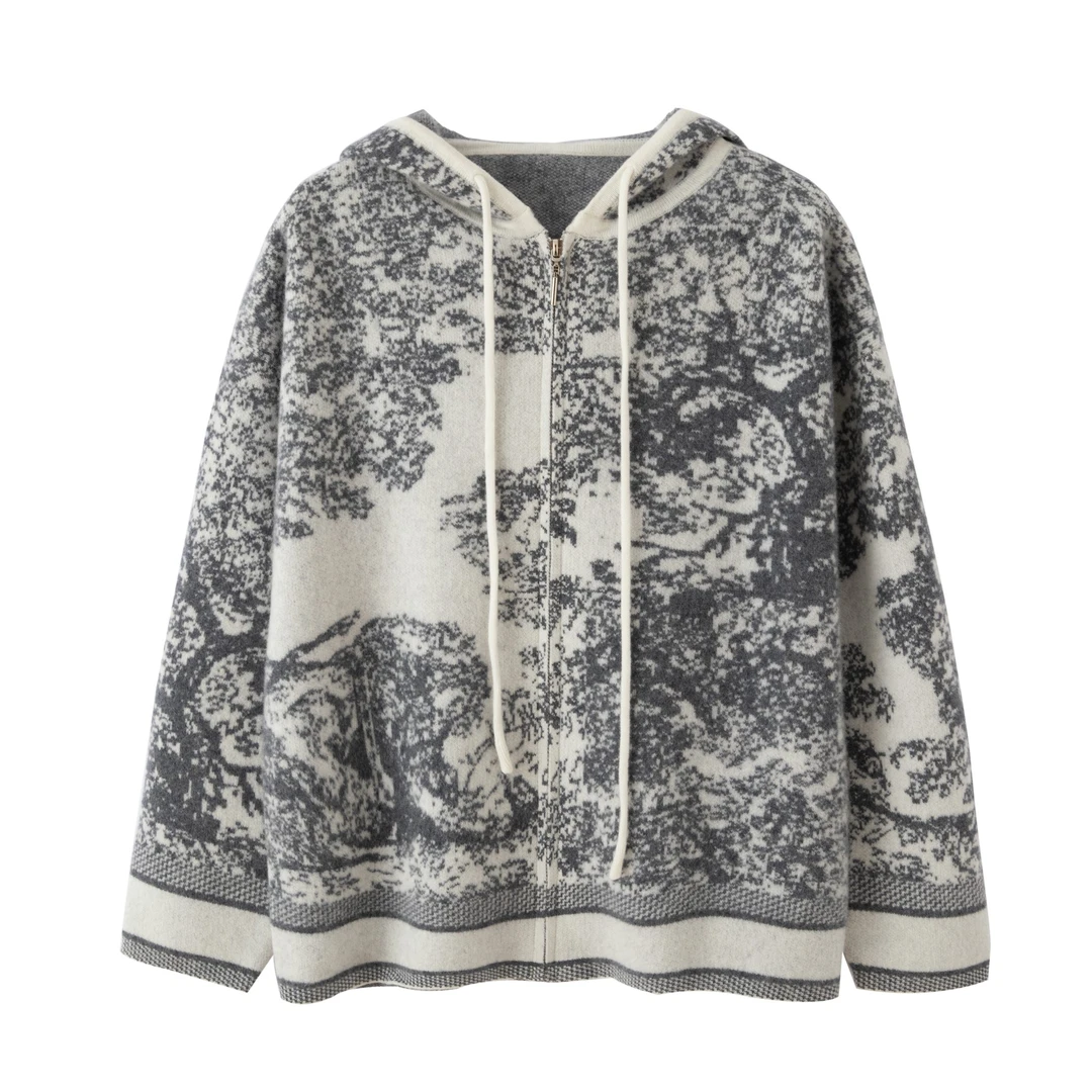 100%羊毛原版重工提花山水连帽开衫SKR2340