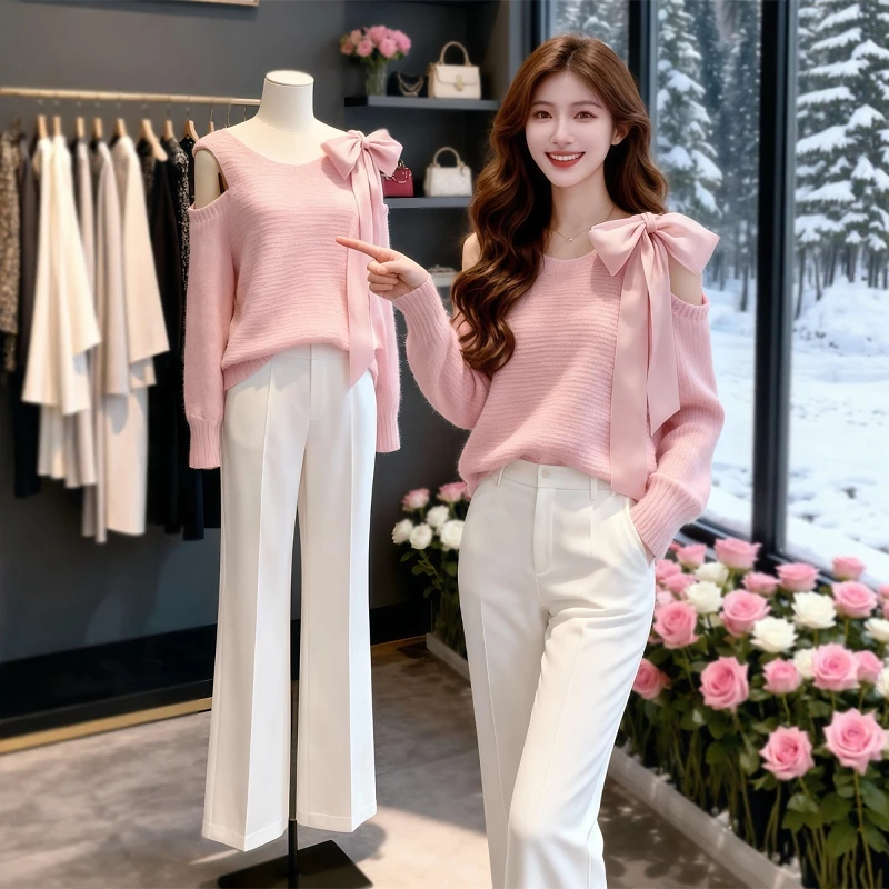 粉色露肩蝴蝶结套头毛衣女秋冬新款设计感小众甜美减龄针织衫上衣