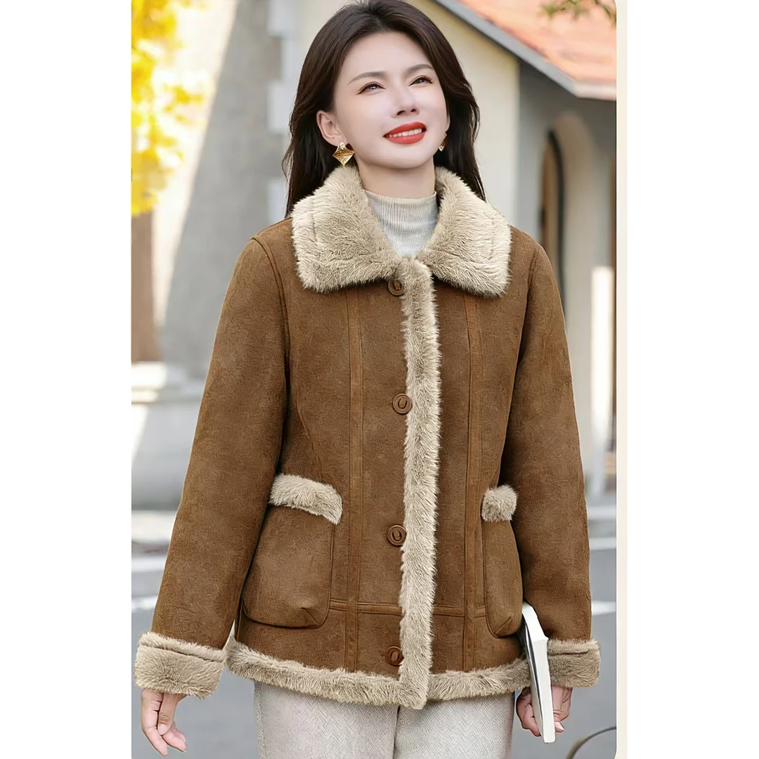 女士大翻领仿麂皮绒外套冬季新款加厚保暖时尚百搭  166
