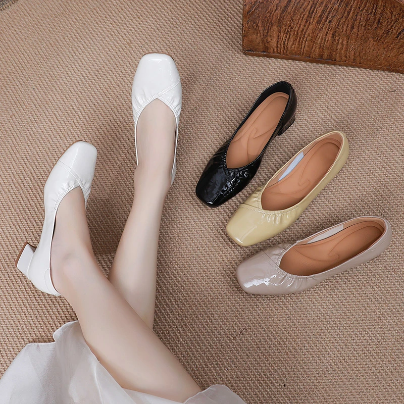 欧货真皮羊皮单鞋女时尚方头法式皮鞋软底粗跟中跟春夏季浅口女鞋