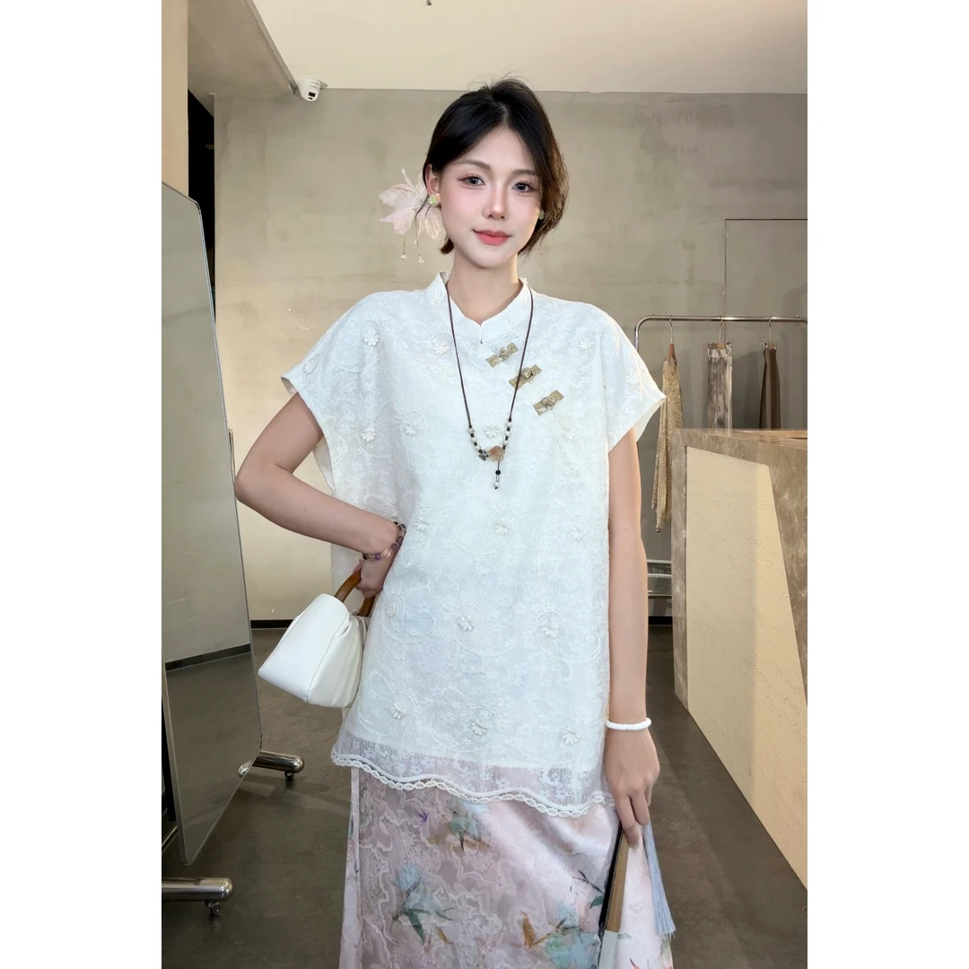 旻旻家新中式重工刺绣蕾丝立体花朵国风气质高贵短袖上衣女20861