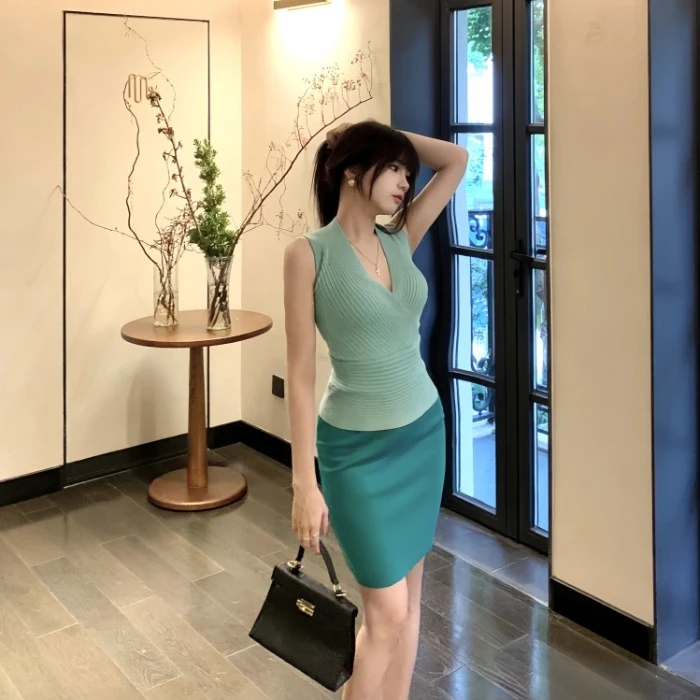 v领无袖针织背心上衣女夏季御姐轻熟风套装紧身包臀半身裙两件套