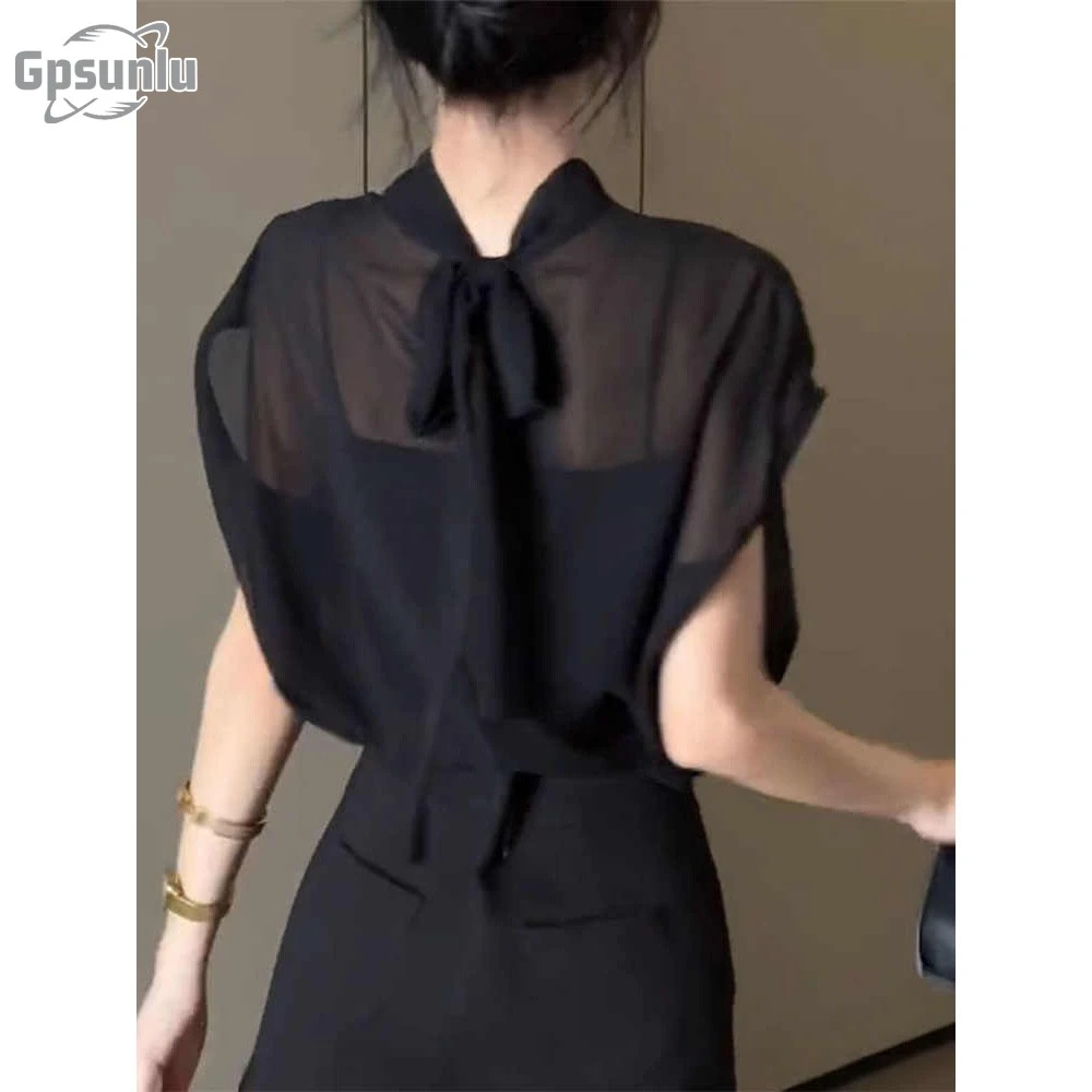 gpsunlu黑色薄纱蝴蝶结绑带立领短袖雪纺衬衫女立领杏色雪纺衬衫