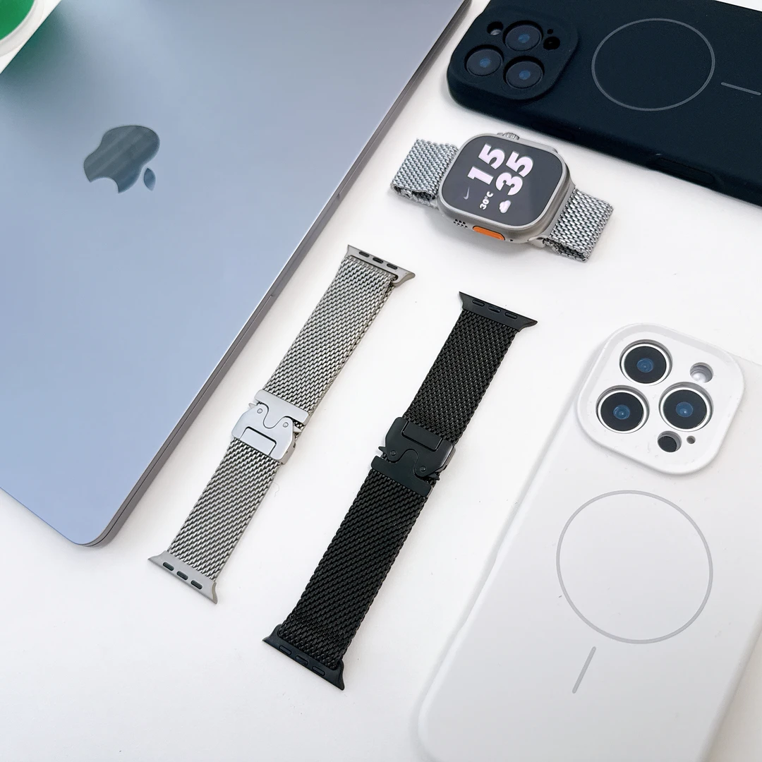适用苹果全系列手表表带官方同款降落伞米兰尼斯新款不锈钢表带BH