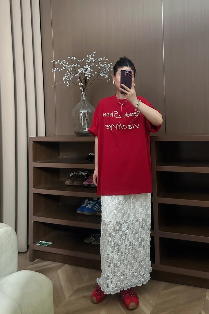 2025欧货宽松短袖钉珠宽松百搭大版T恤女士百搭夏季