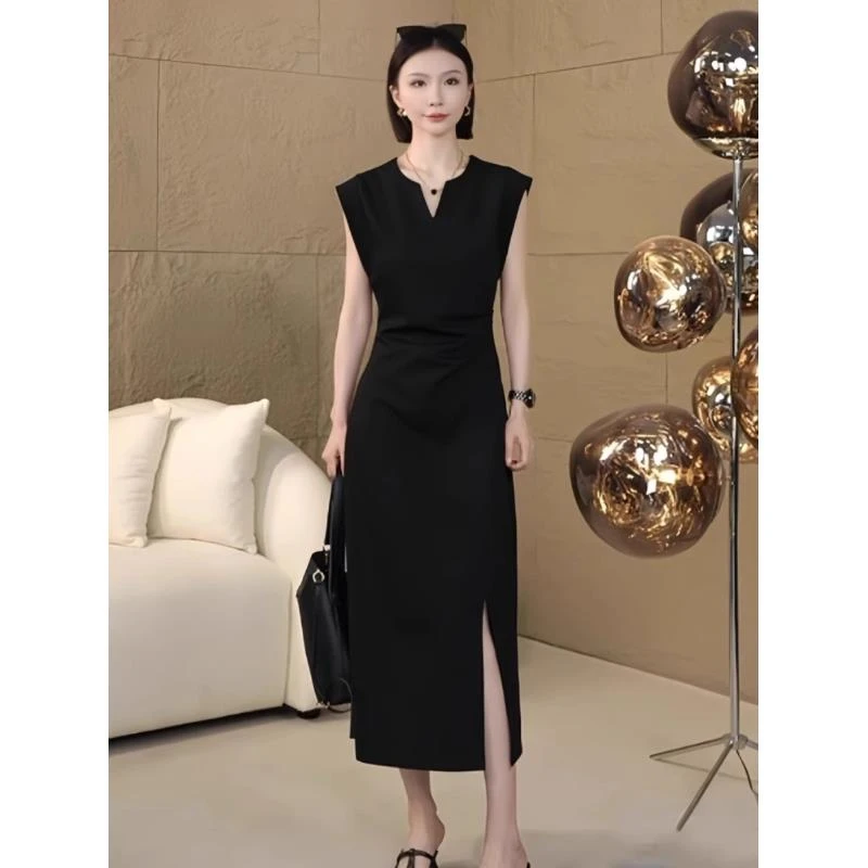 欧货时尚飞飞袖V领黑色短袖连衣裙女夏爆款休闲收腰显瘦开叉长裙