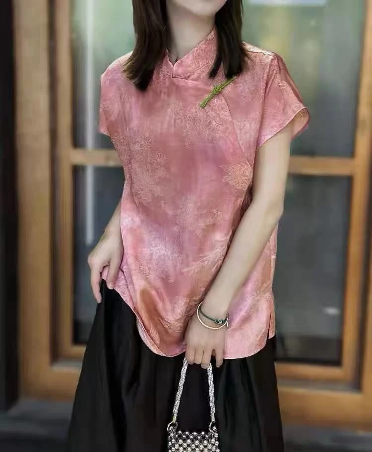 新中式复古立领斜襟短袖衬衫女夏季新款提花百搭宽松上衣--95