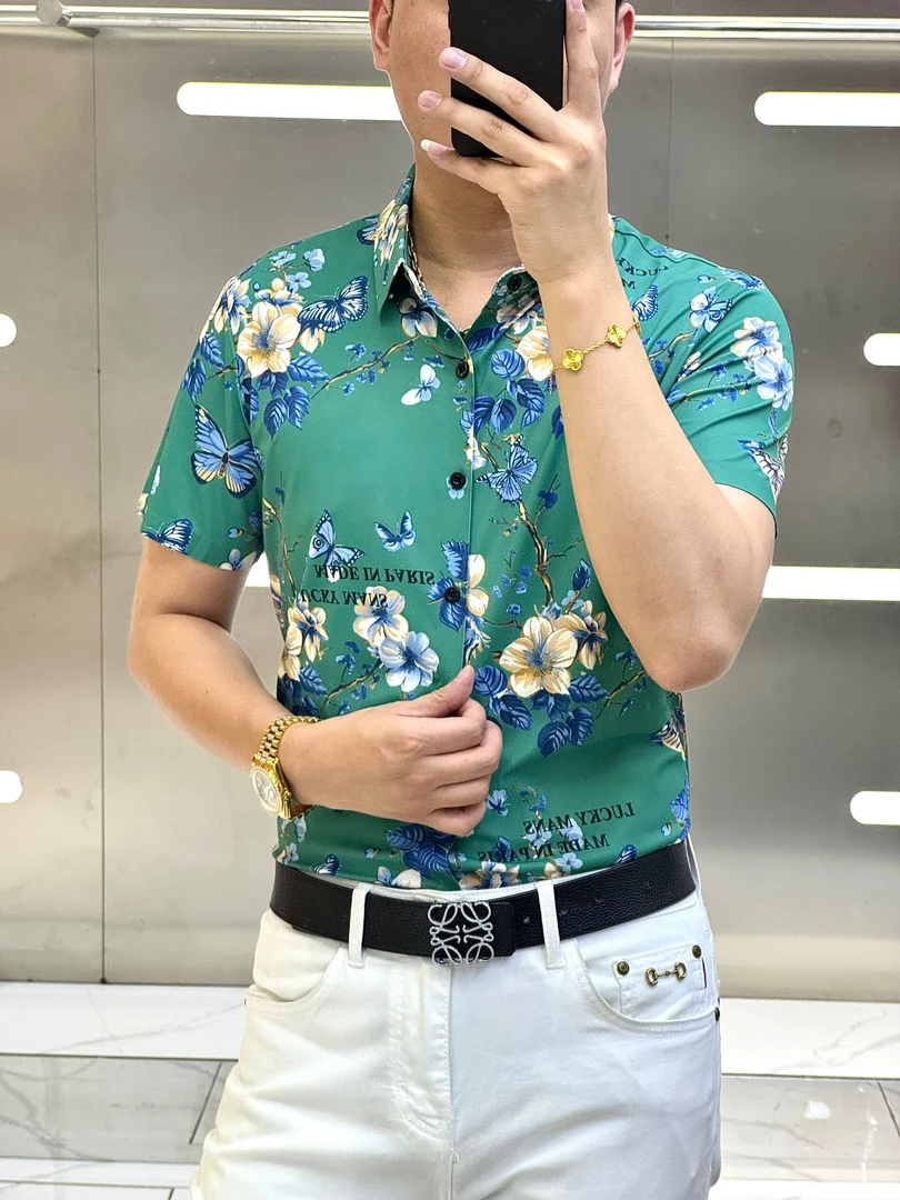 25夏季（轩诚）花蝴蝶印花时尚个性百搭潮流男款弹力三色短袖衬衫