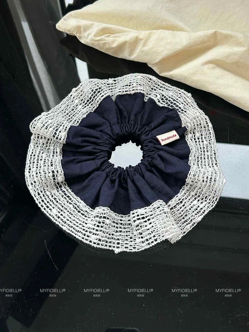 「MyFioielli｣miu系藏青色拼接棉麻设计师款大肠发圈FQ111
