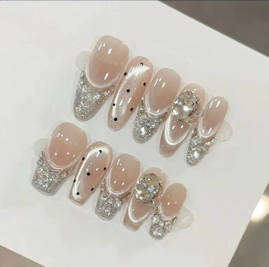 【星河之泪】新款纯手工穿戴甲猫眼带钻美甲贴长款显白百搭美甲