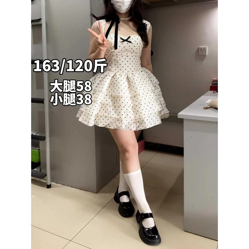 辣妹风蝴蝶结波点背带连衣裙夏季收腰显瘦小众超仙拼接蓬蓬裙短裙