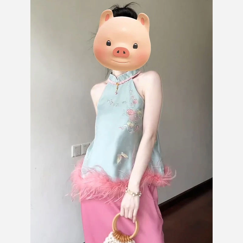 新中式女装国风复古高级感刺绣挂脖上衣半身裙套装女2025夏季新款