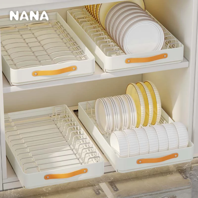NANA碗碟收纳架免打孔碗碟沥水架抽屉双层厨房厨房抽拉式置物架