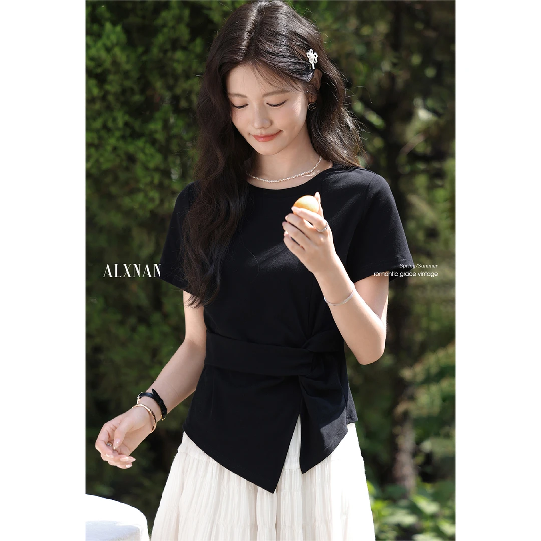 【品牌撤柜款ZB】黑色设计感不规则短袖T恤女夏季开叉上衣L557111