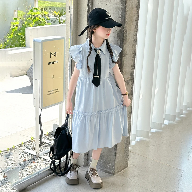 女童学院风连衣裙2025夏装新款女大童夏季衬衫裙儿童洋气裙子领带