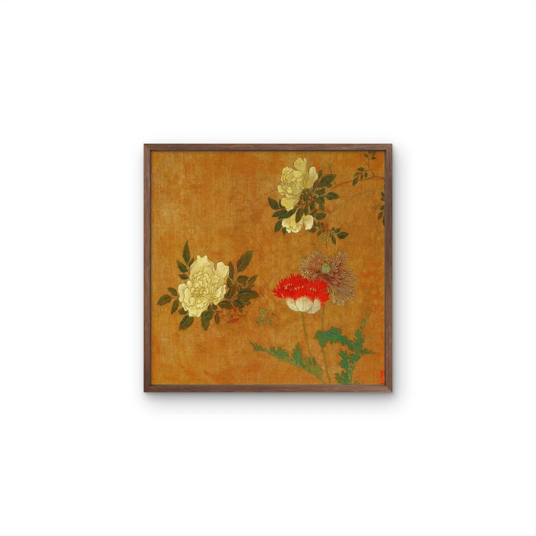 9587-40*40花中式装饰画木框玄关书房茶室客厅挂画