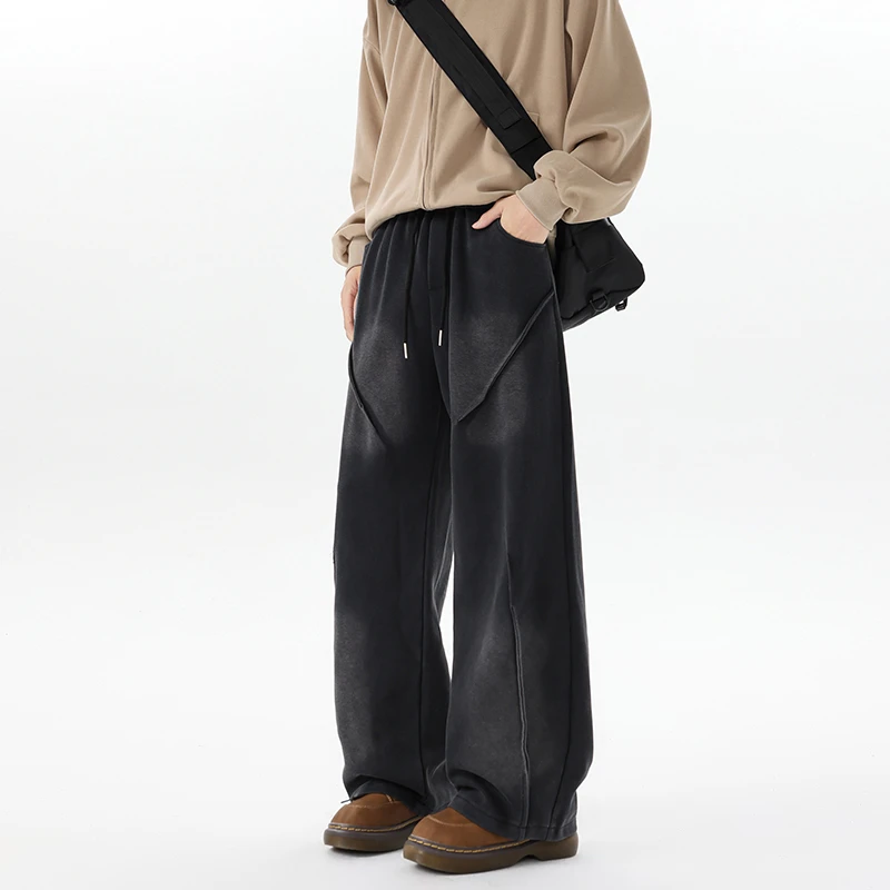 美式重磅渐变弯刀休闲裤男士秋高街大码阔腿运动裤宽松直筒长裤潮