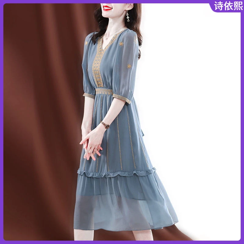 1重磅仿连衣裙中长款2025年春新款时尚V领系带裙子I