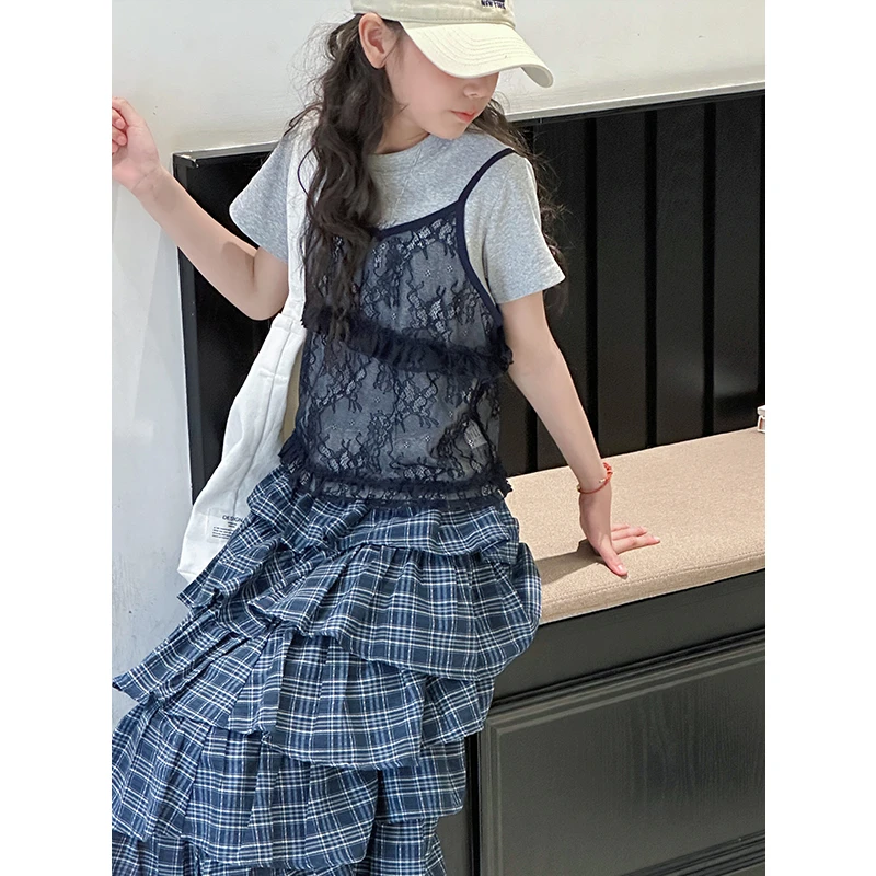 k28616蕾丝吊带短袖上衣套装女童夏装新款2025儿童休闲两件套时髦