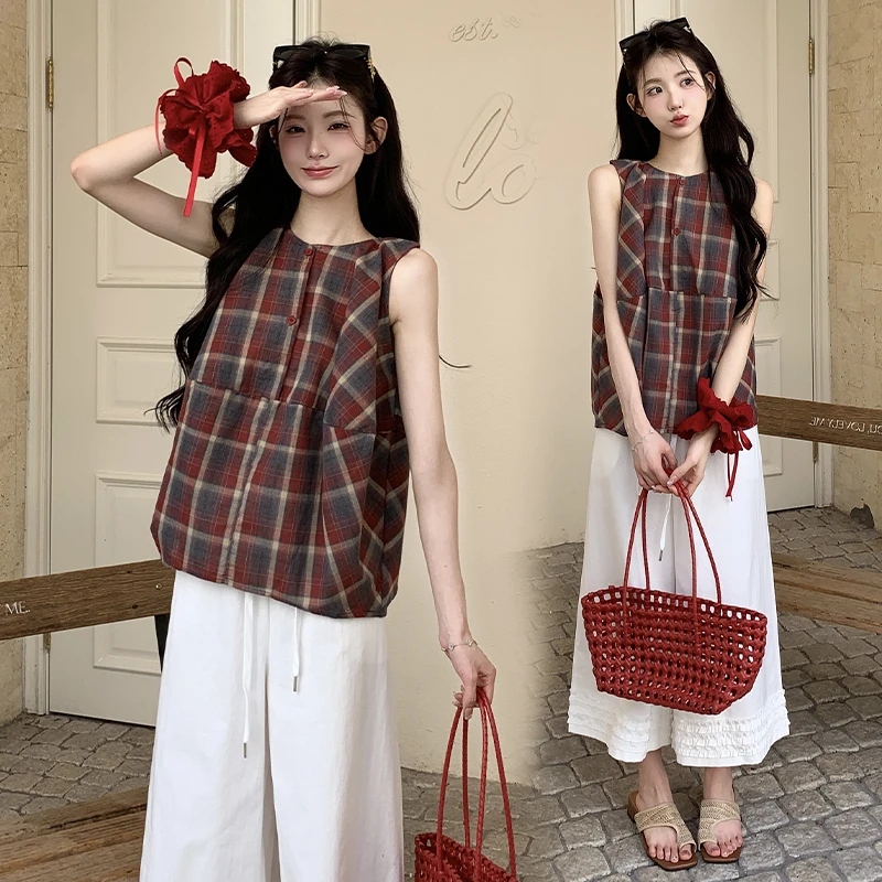 孕妇夏装套装2025新款时尚韩版格子宽松上衣女孕妇阔腿裤两件套夏