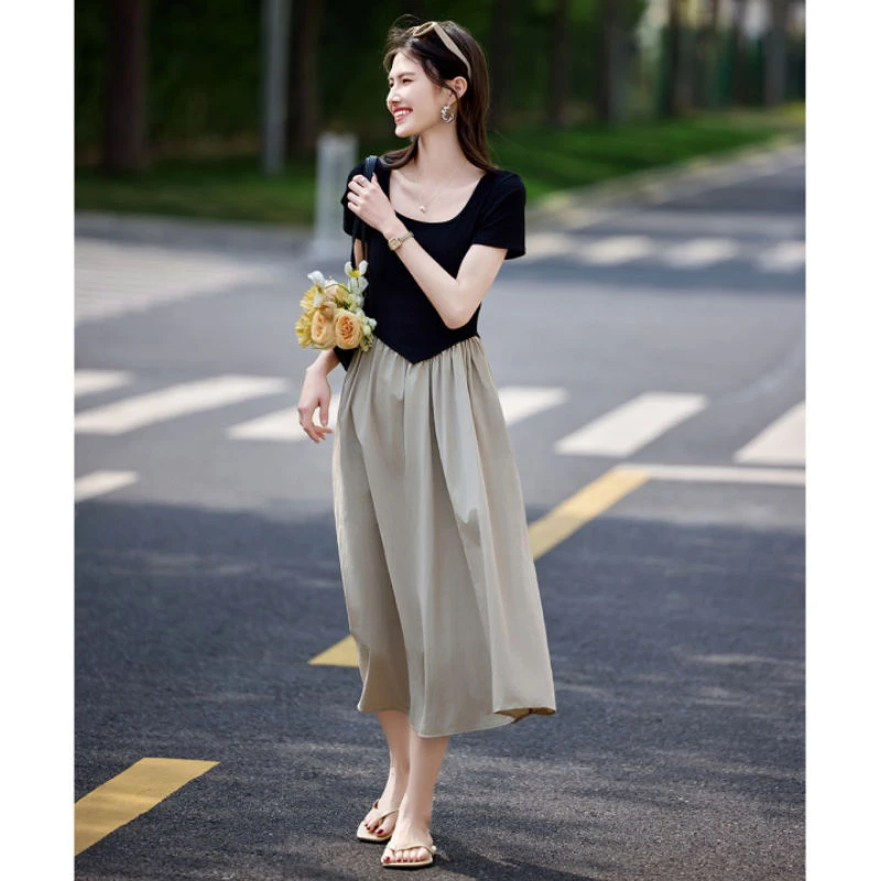 法式假两件休闲连衣裙女夏2025年夏季新款撞色伞裙修身显瘦长裙子