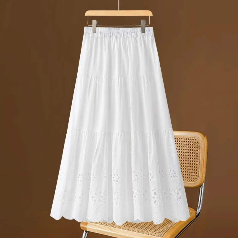 拉夏贝尔半身裙女夏季2025新款气质高腰仙女裙镂空花边a字百褶裙