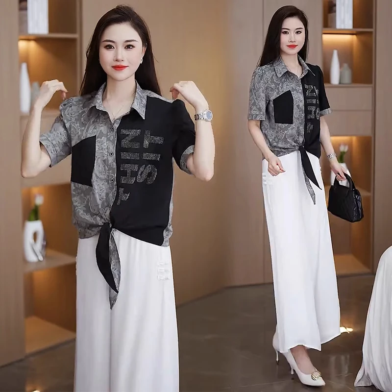 时尚套装女2025夏季新款洋气显瘦遮肉短袖衬衫阔腿裤休闲两件套潮