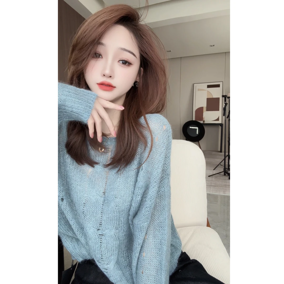 【CHEN】洋气慵懒减龄马海毛毛衣麻花镂空长袖针织衫24091108