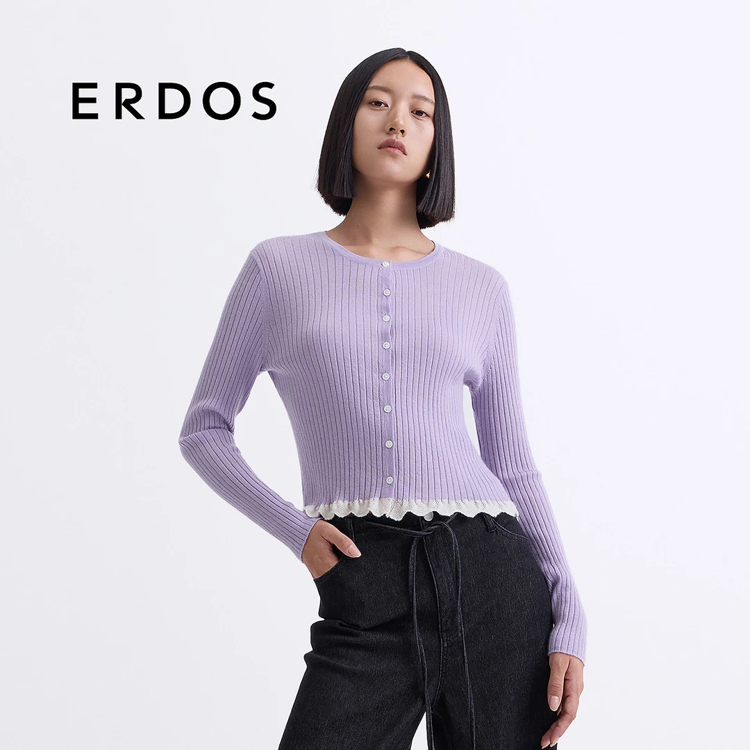 【精纺丝绒】ERDOS 圆领修身针织开衫春紫色荷叶边上衣