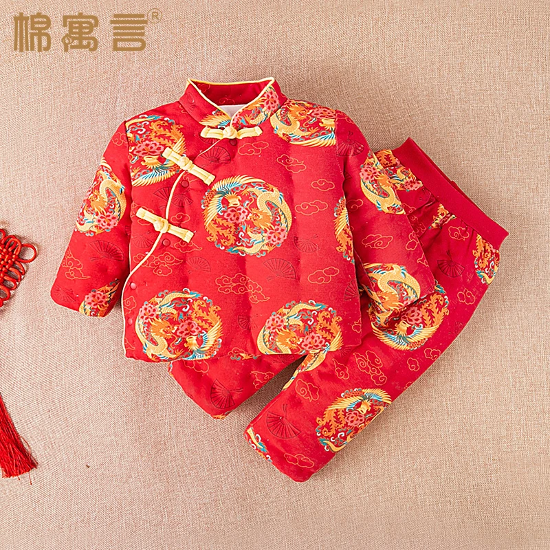 纯手工棉花棉衣宝宝棉裤两件套冬季保暖小棉袄中国风盘扣喜庆套装