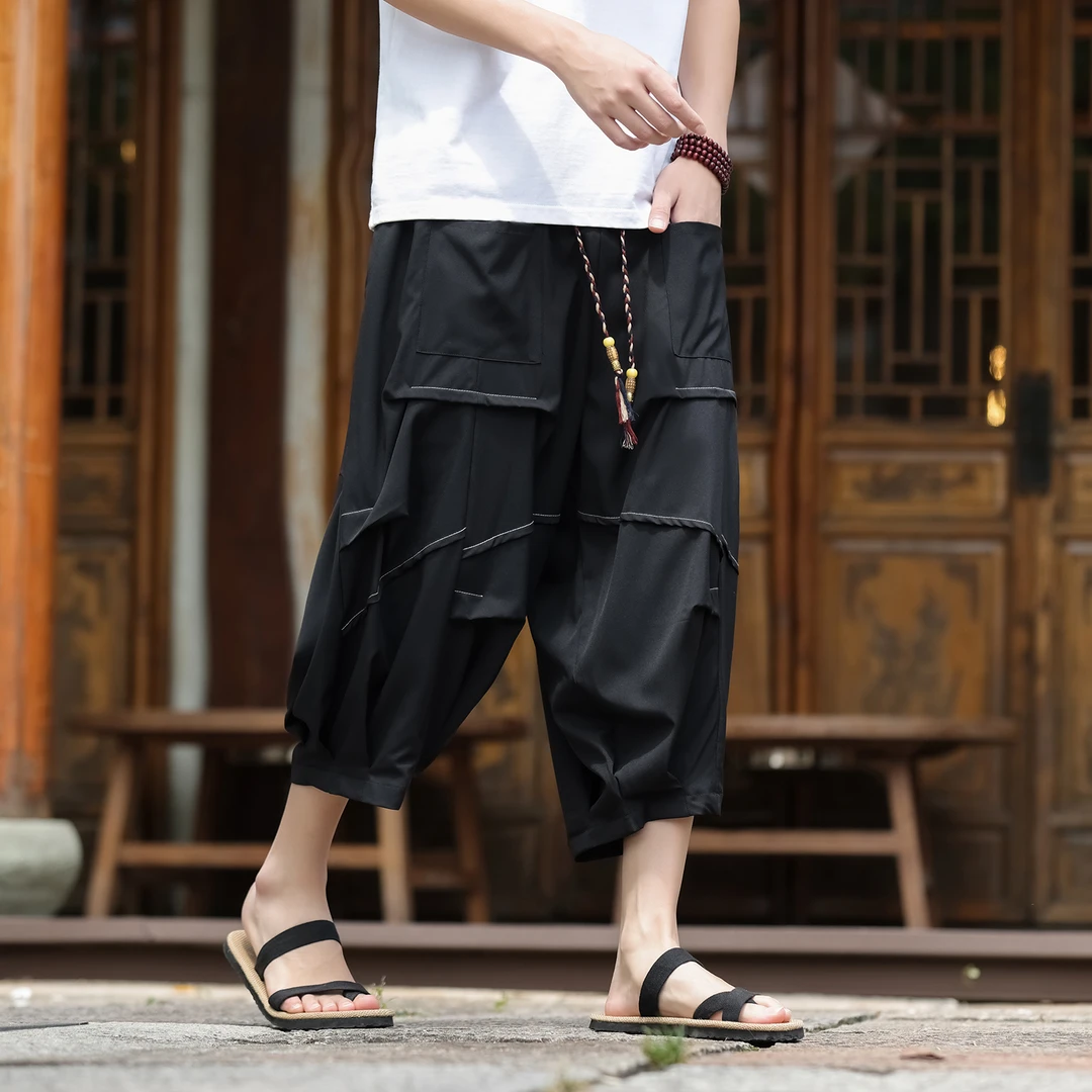 冰丝七分裤男士夏季薄款速干短裤中国风小众设计感褶皱运动哈伦裤