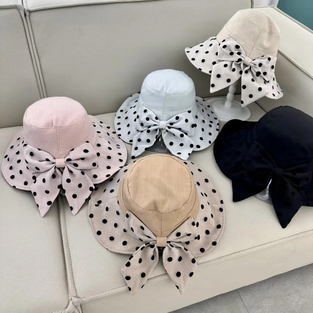 优雅波点渔夫帽女春夏季大檐遮脸太阳帽旅游度假可折叠防晒遮阳帽