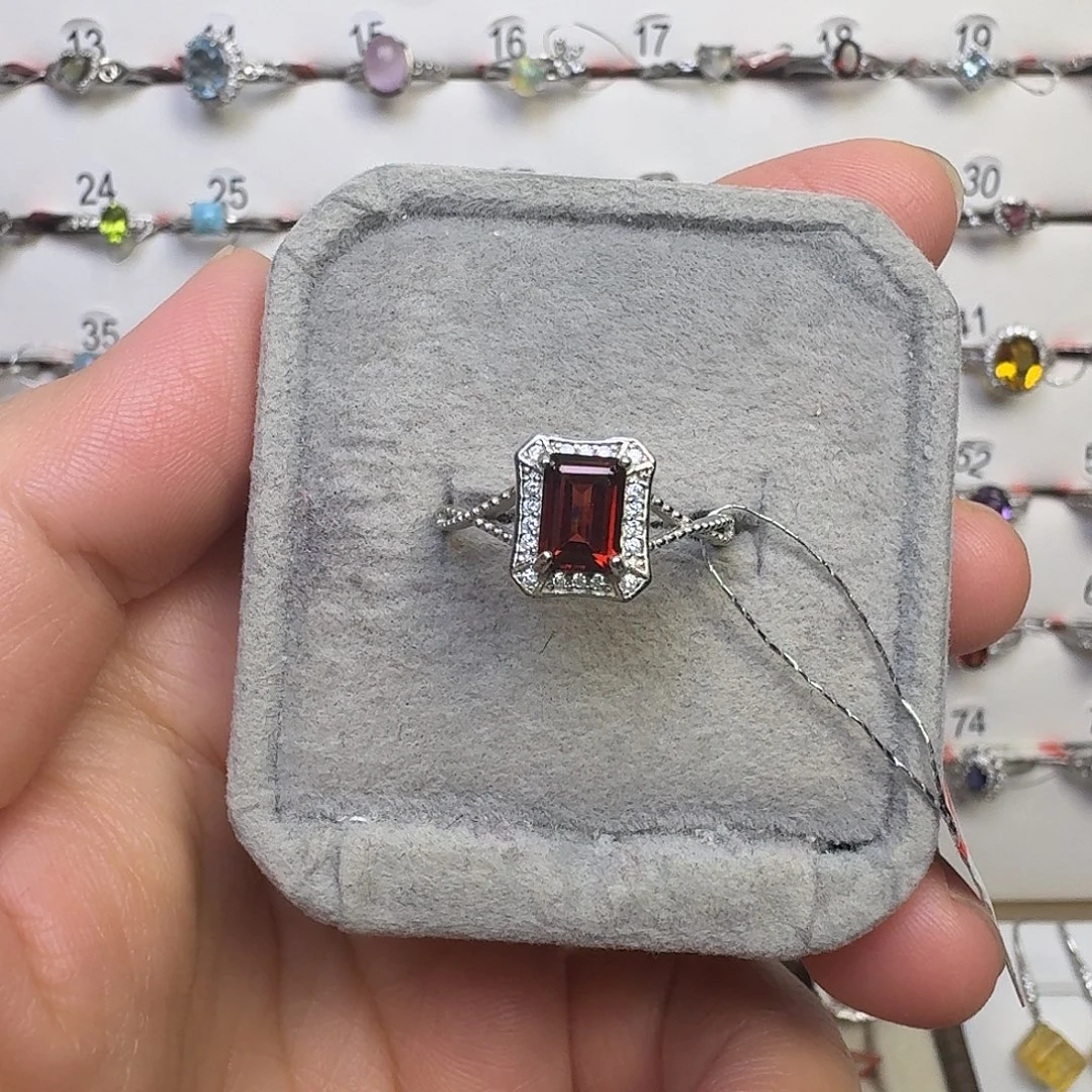 戒指石榴石银S925镶嵌