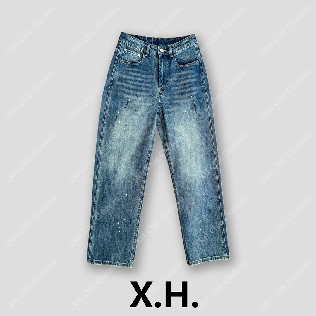 【刘小黑】油漆破边牛仔春夏宽松直筒百搭显瘦牛仔裤